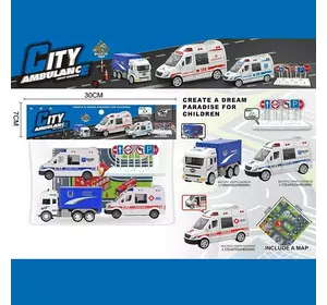 Набір машин JW 567-049 (96/2) “City Ambulance”,  інерція, 3 машинки, килимок, в пакеті