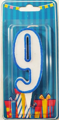 Свічка цифра "9 " біла блакитний контур