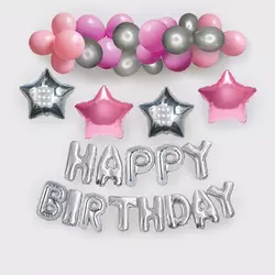 Арка-гірлянда з повітряних куль з написом "Happy Birthday" рожева зі сріблом