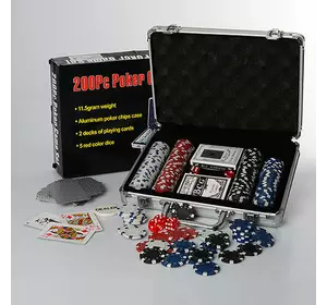 Настільна гра M 2777 покер, 200 фішок, 2 колоди карт, кубики, алюм. валіза, 30-24-8 см
