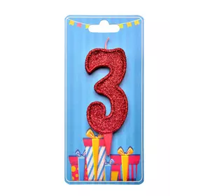 Свічка для торта  "Цифра 3" червона блиск