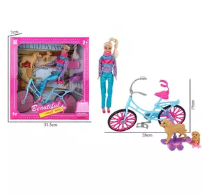 Лялька 60747AJ шарнірна, велосипед, собачка 2 шт., кор., 33-31-7 см.